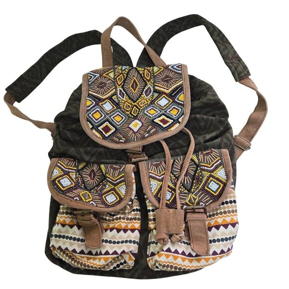 Sorpresa Bohemian Festival Canvas Suede Beaded Hippie Backpack - Picture 1 of 6